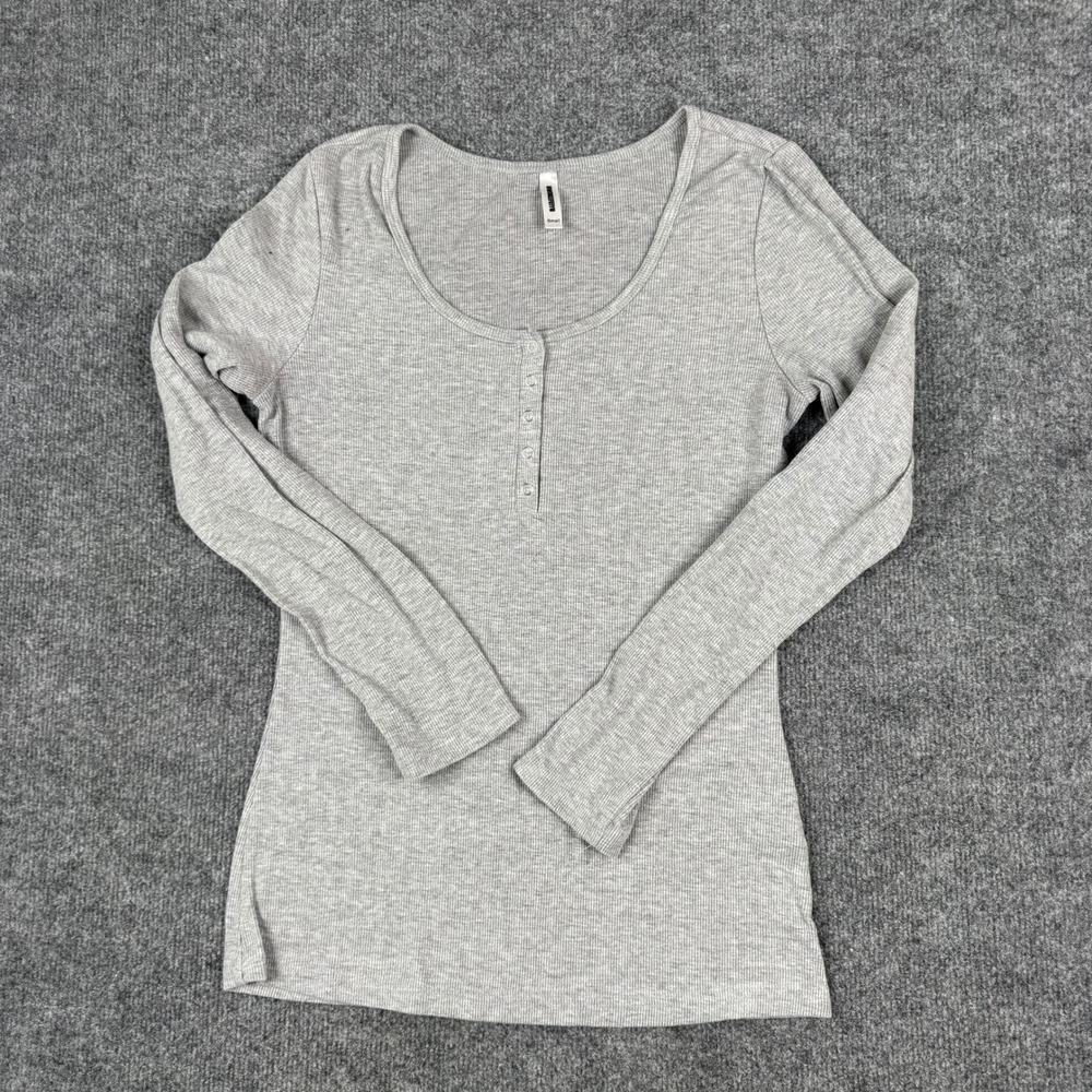 Hwokefeiyu Henley Top Womens Size Small Gray Ribbed Knit Long Sleeve Casual Slim
